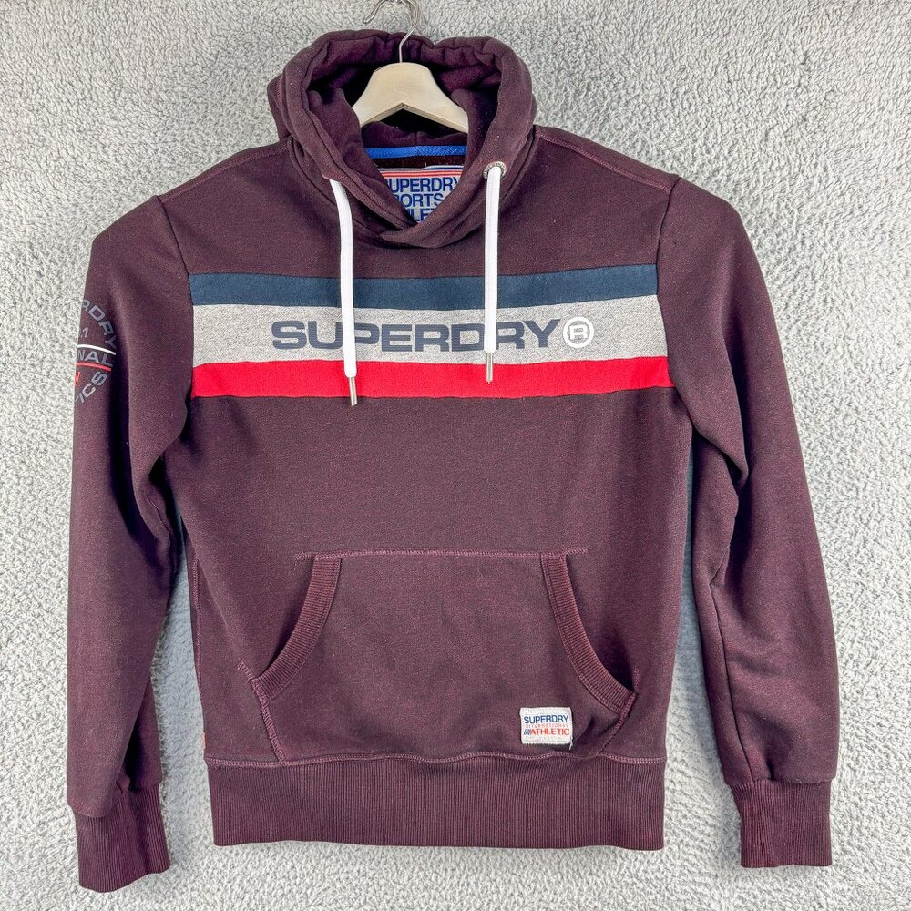 Superdry Burgundy Hoodie with Red and Gray Stripes